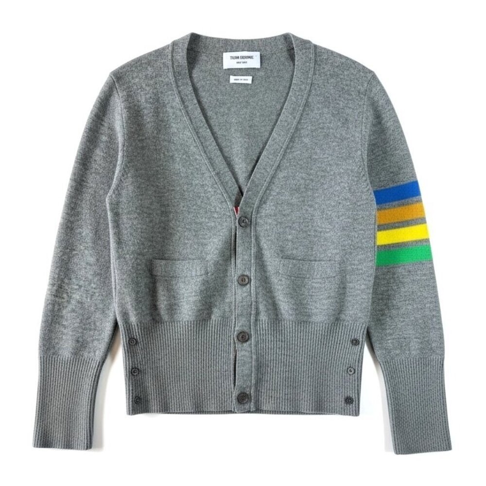 Thom Browne Classic V-Neck Cashmere Cardigan in Gray Size 1/Small 4-Bar Stripe - Picture 1 of 12